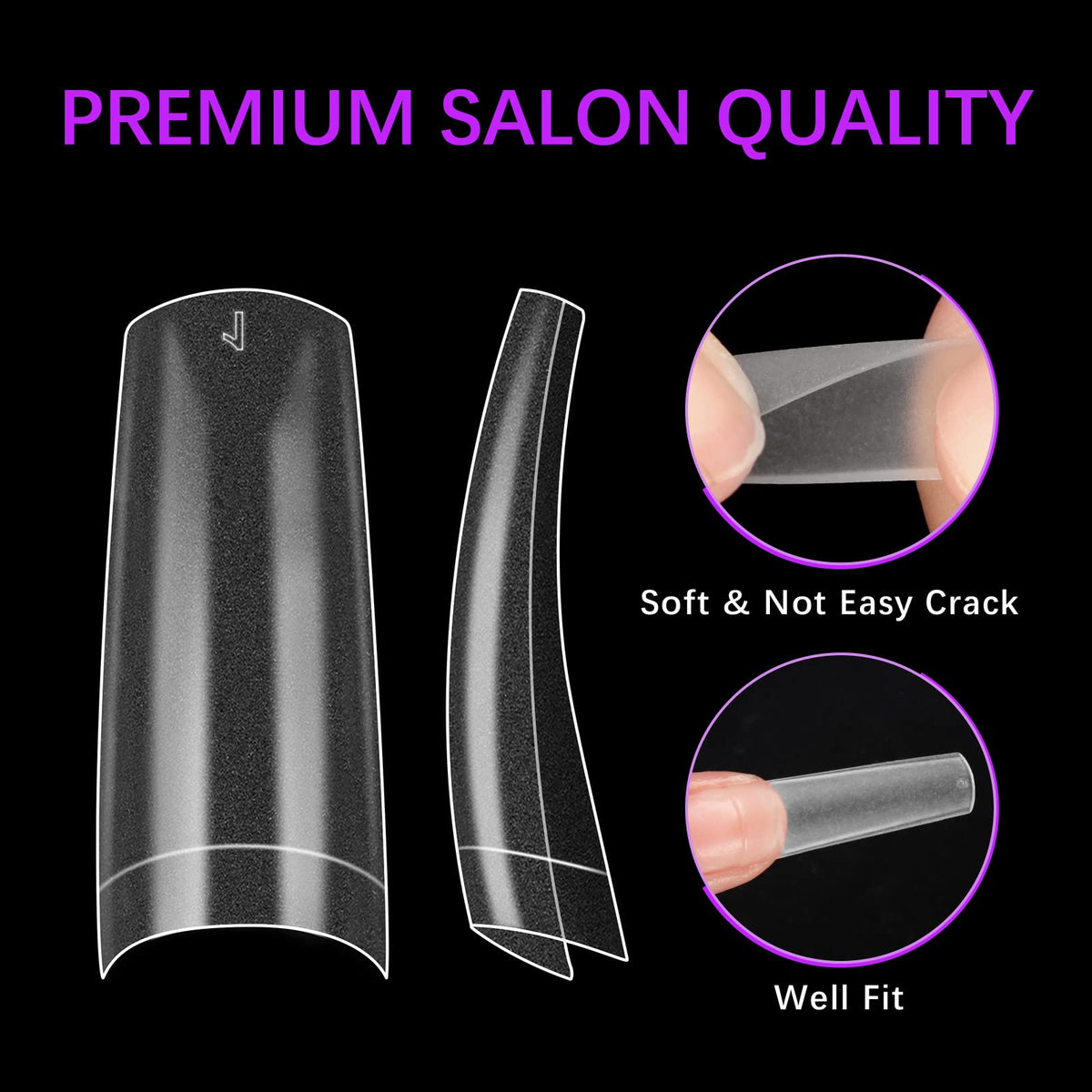 BTArtbox Half Cover Clear Fake Nails with Case, Long Square, 500 Pcs