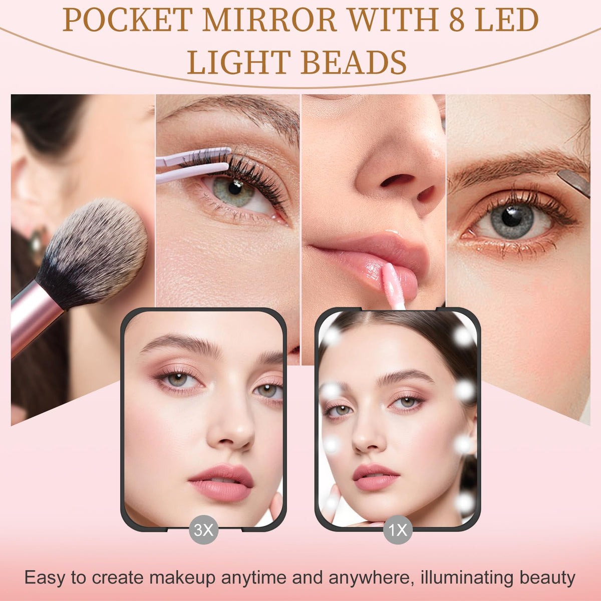 Compact Mirror with Light, 1X/3X Magnification LED Pocket Mirror for Women