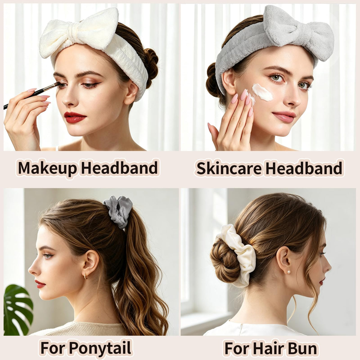 LEOBRO Spa Headband, 6pcs Makeup Headbands and Hair Scrunchies, Bow Skin Care Headband for Washing Face for Teen Girls Women, Easter Basket Valentines Christmas Gift for Girls, Black & White & Gray