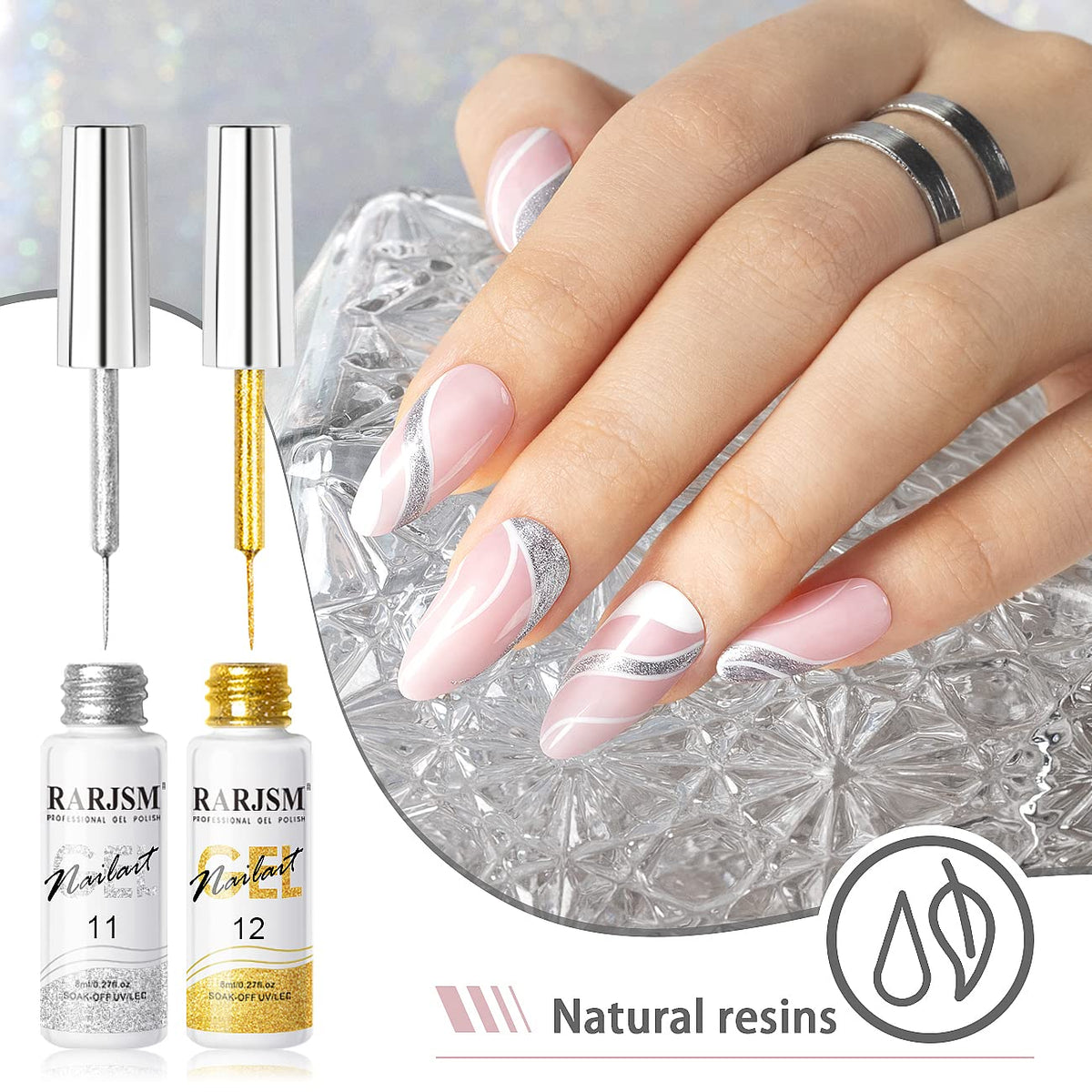 RARJSM Metallic Gel Liner Nail Art Silver Bronze Gold 2pcs Set Mirror Chrome 3D Effect Gel Nail Polish 8ml Build in Thin Brush Metal Painted Drawing Stripper Gelpolish Curing Requires for Home Salon