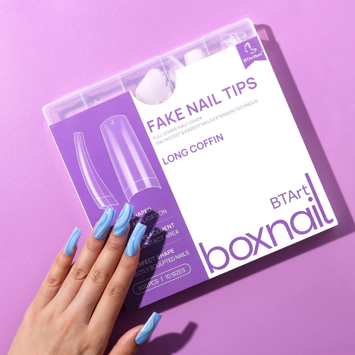 BTArtbox Half Cover Clear Fake Nails with Case, Long Square, 500 Pcs