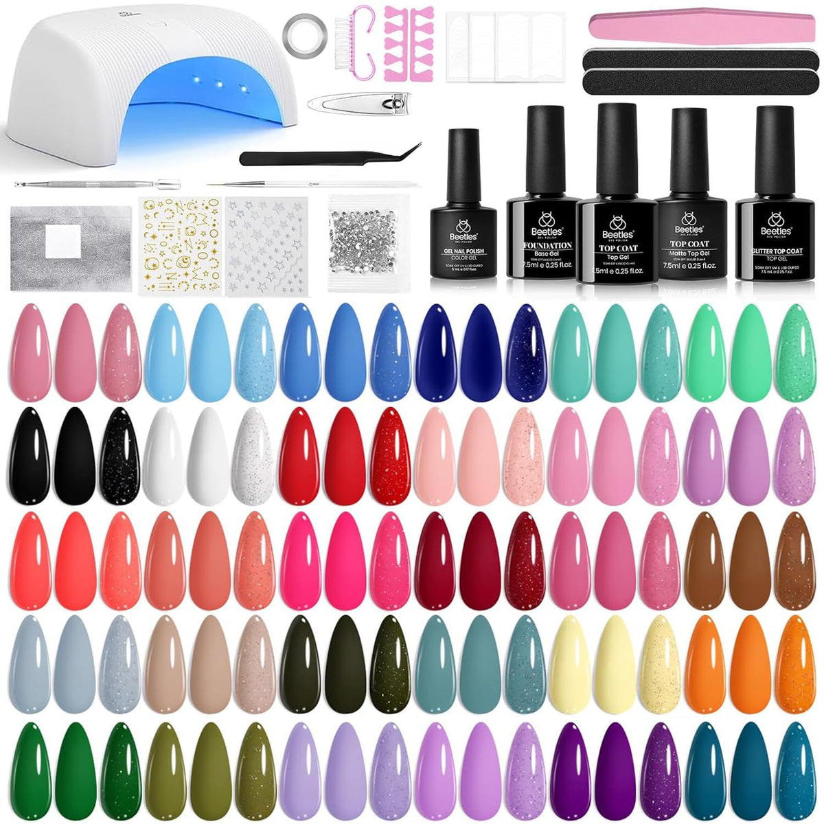 Beetles Gel Nail Polish Set, 63 PCS 55 Colors Gel Polish Kit with Base Coat