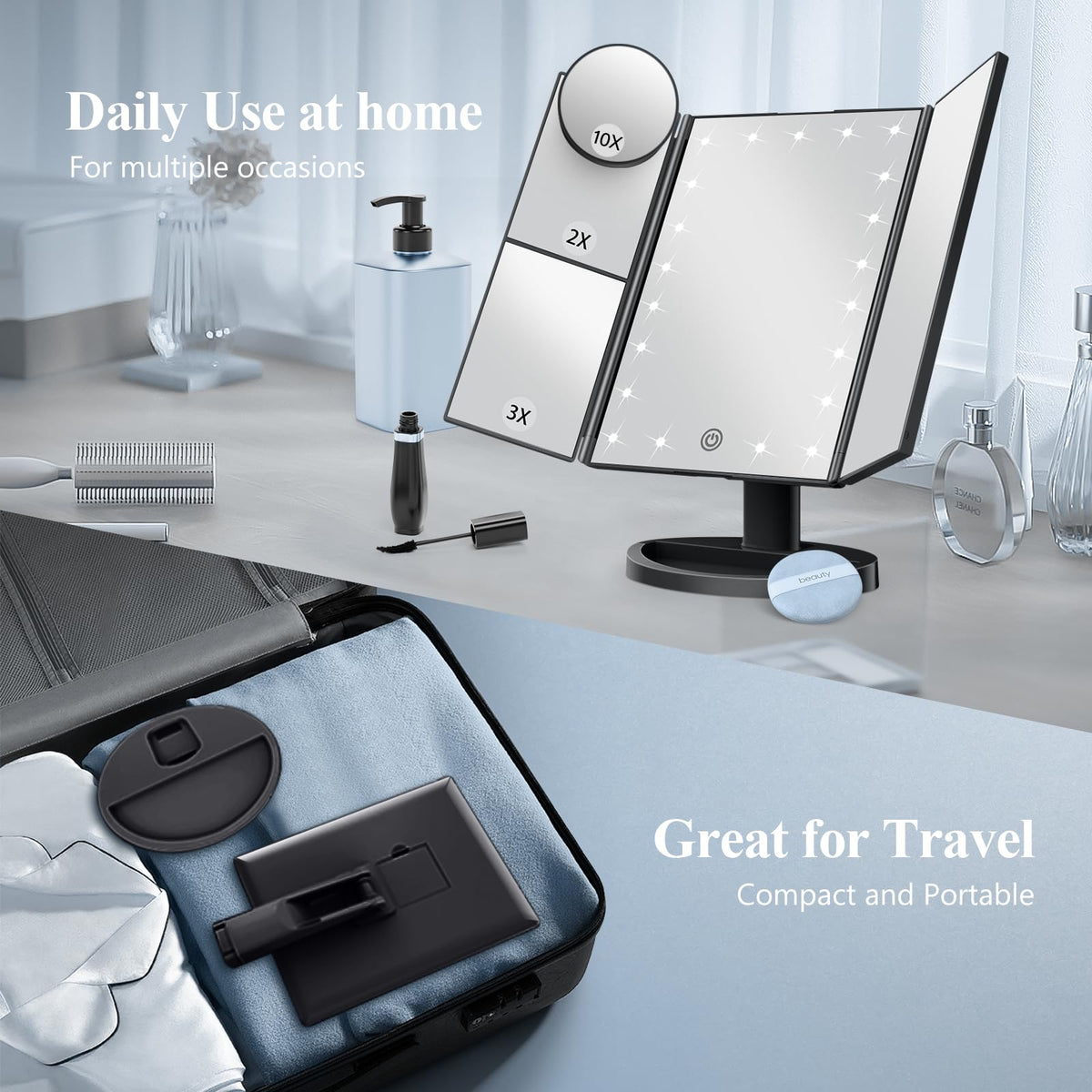 HUONUL 2X/3X/10X Magnifying Vanity Mirror with Light, Trifold Makeup Mirror