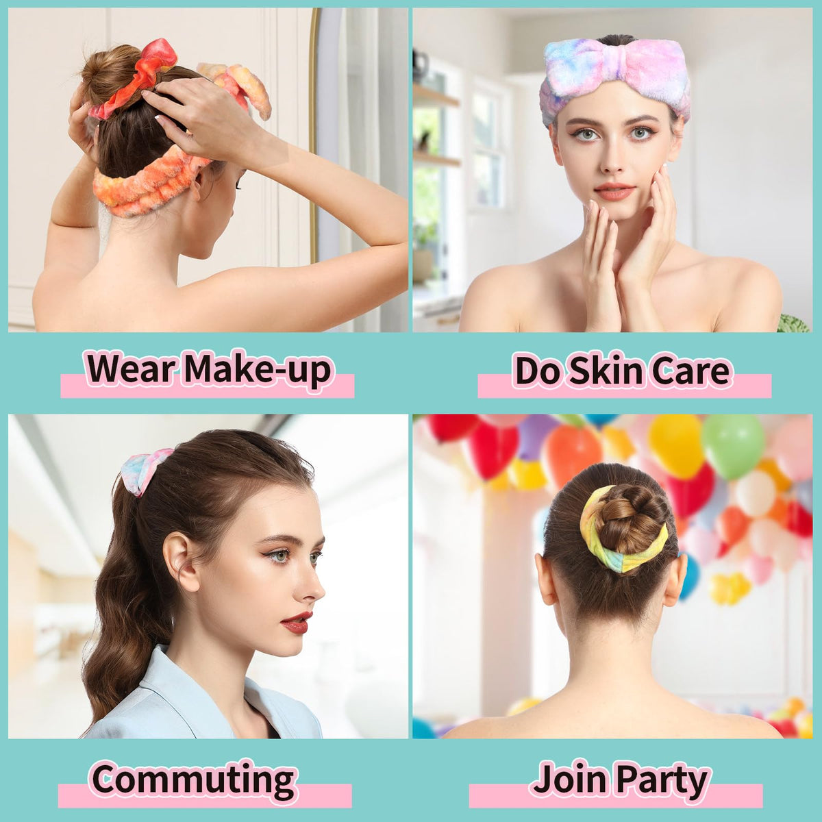 LEOBRO Spa Headband, 6pcs Makeup Headbands and Hair Scrunchies, Bow Skin Care Headband for Washing Face for Teen Girls Women, Easter Basket Valentines Christmas Gift for Girls, Black & White & Gray