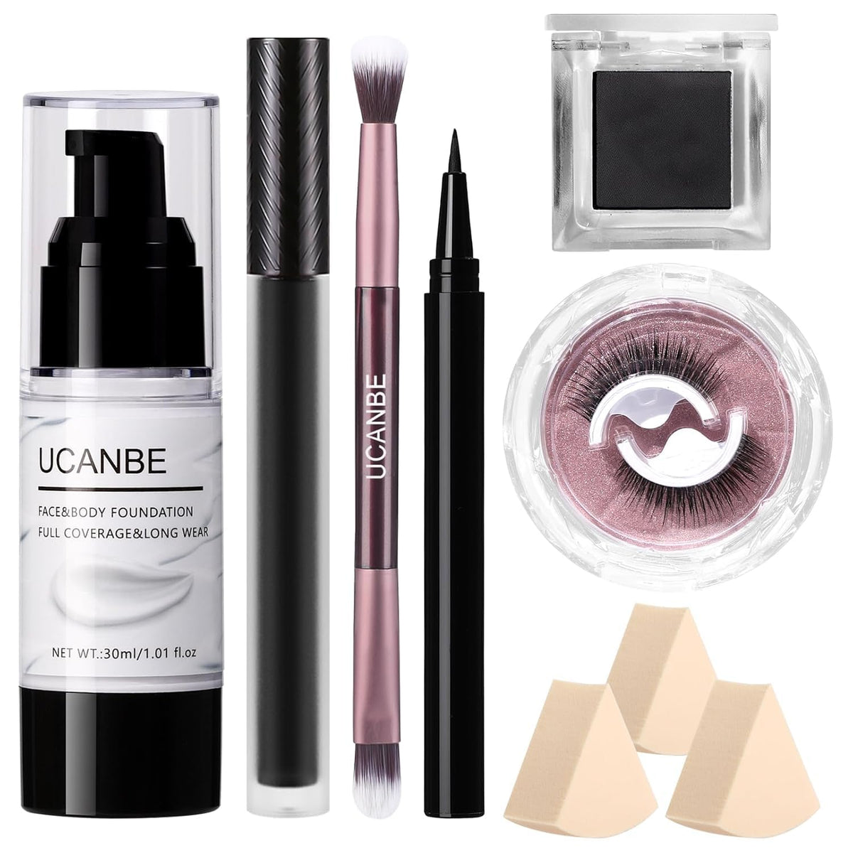 UCANBE Halloween Makeup Kit – 15-Color Purple Eyeshadow Palette, White Liquid Foundation, Purple Liquid Lipstick, Black Eyeliner, Setting Powder & Sponges Makeup Set for Cosplay Witch Devil Sorceress