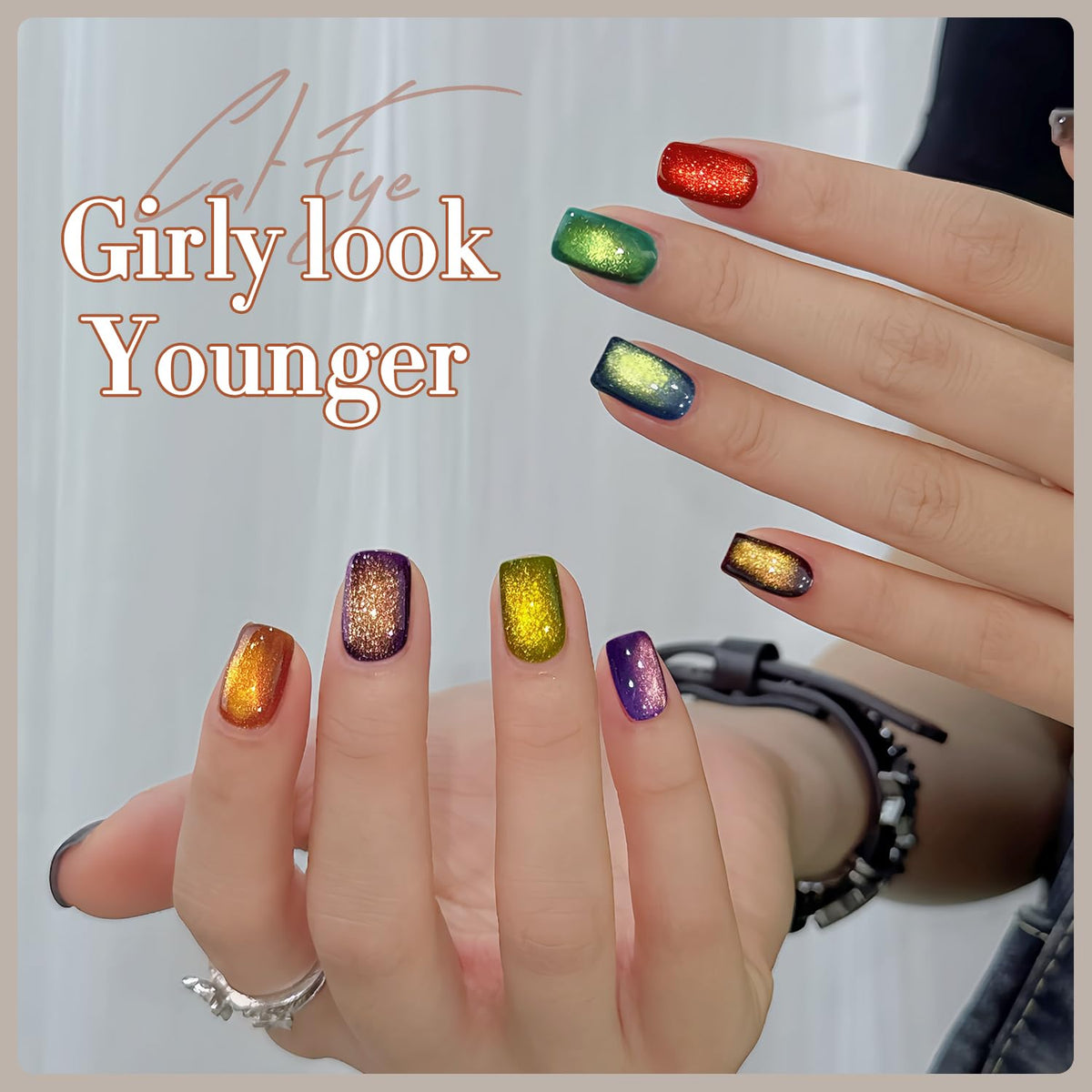 Double Rhythm Cat Eye Gel Nail Polish Set of 6 Same Color Same Bottle 0.5 Oz Shimmer Glitter with Magnet Holographic Magnetic UV Nail Polish Kit (Blush Fuchsia Magenta Purple Violet Lavender -T6-107)