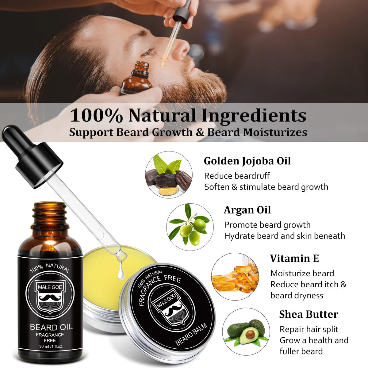 MALE GOD Beard Kit, Beard Growth Kit w/Natural Ingredients Beard Oil & Balm & Comb, Beard Growth Oil w/4X Thickening Biotin, Fathers Day | Chrismtas | Birthday Gifts for Men Him Husband Boyfriend Dad