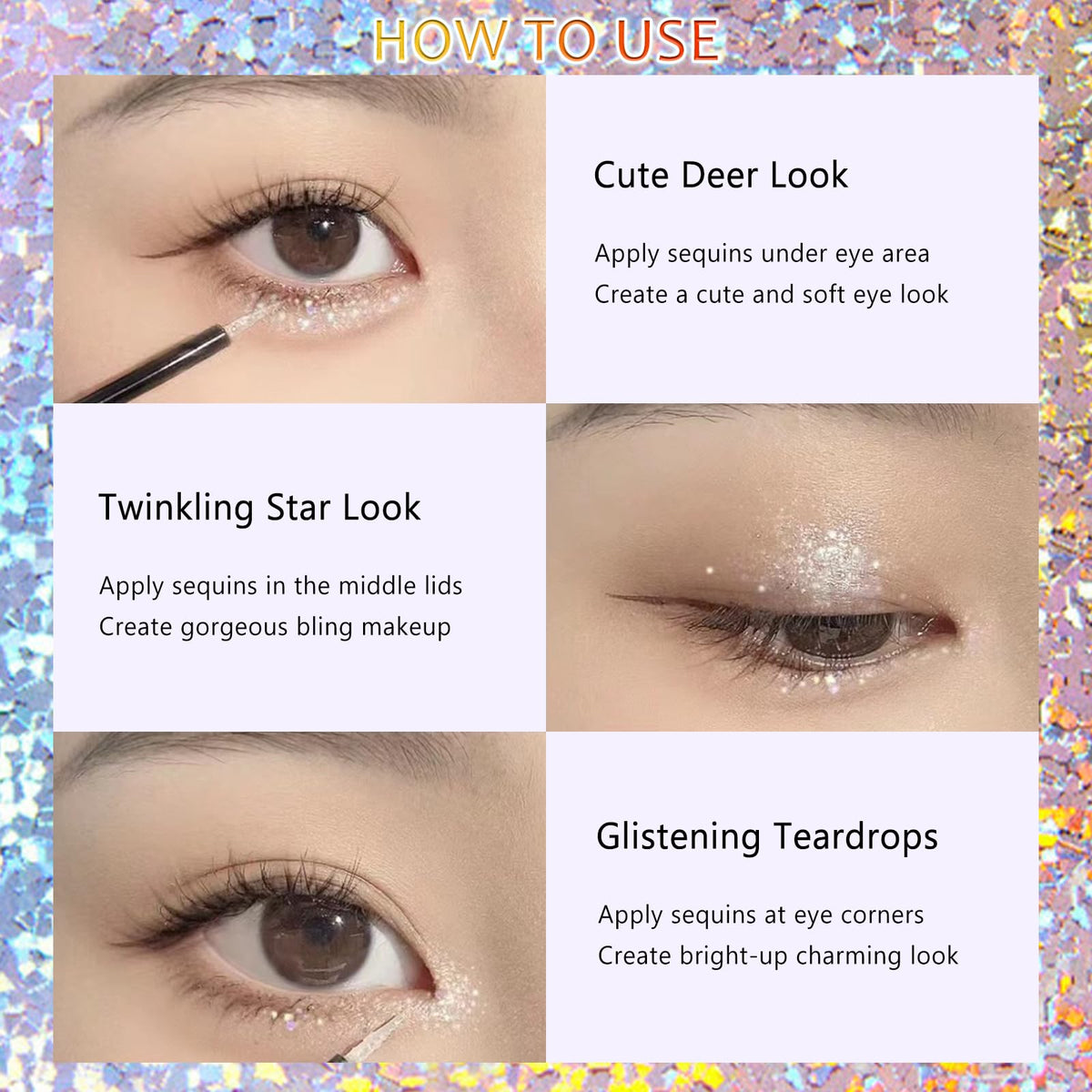 6Pcs Liquid Glitter Eyeshadow Eyeliner, Korean Makeup, Bling Under Eye Shadow, Shimmer Eye Make Up Valentine's Gift Set,Long Lasting,Quick Drying & Pigmented Loose Glitter Glue for Crystals Makeup