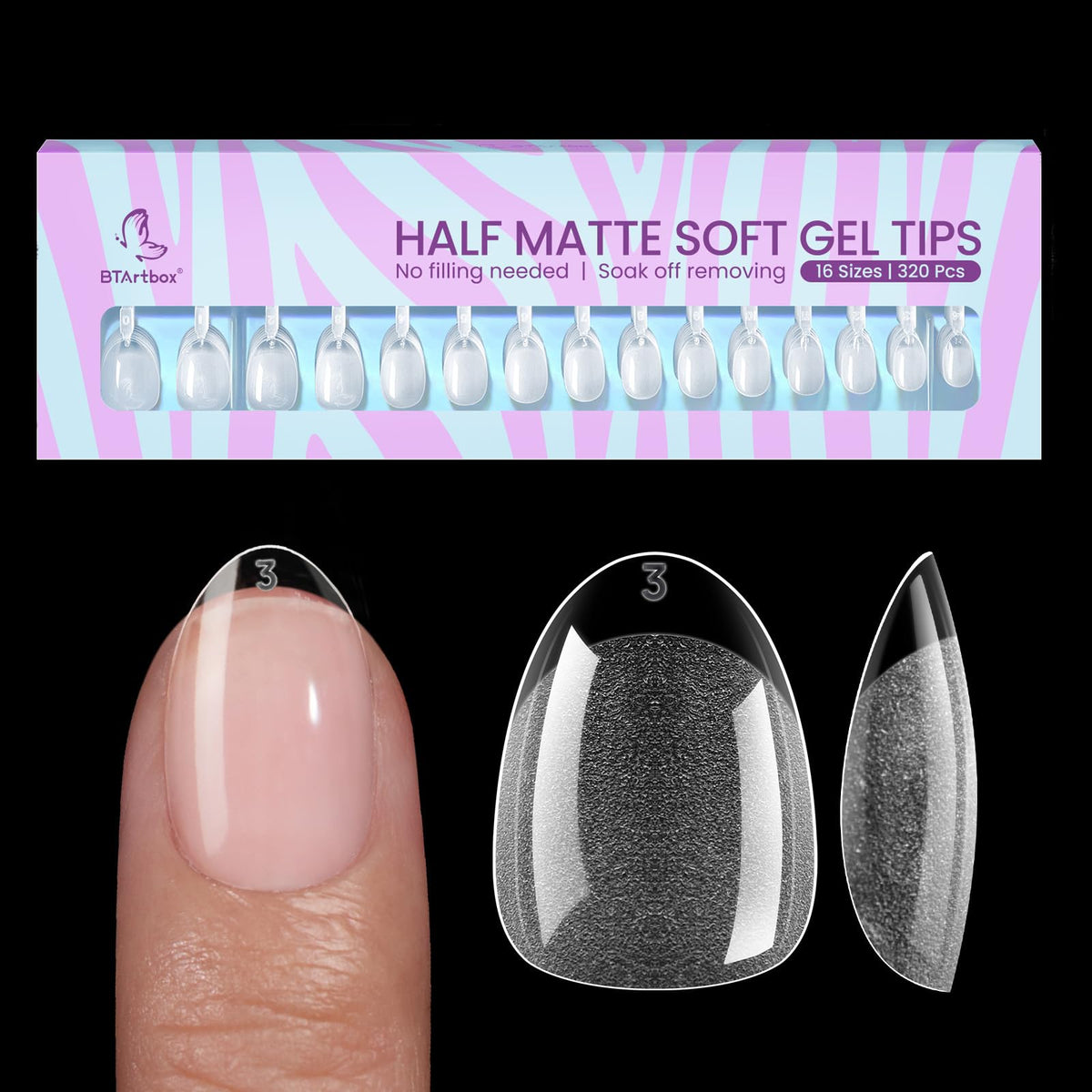 BTArtbox Half Cover Clear Fake Nails with Case, Long Square, 500 Pcs