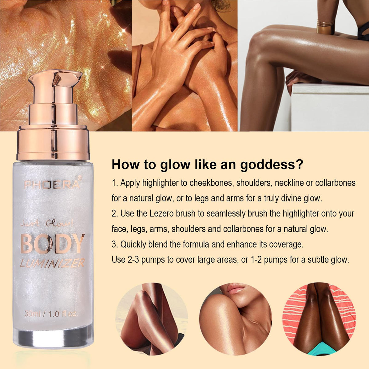 Body Shimmer Oil, Rose Gold Natural Glow Luminizer, Brush Include, 1oz