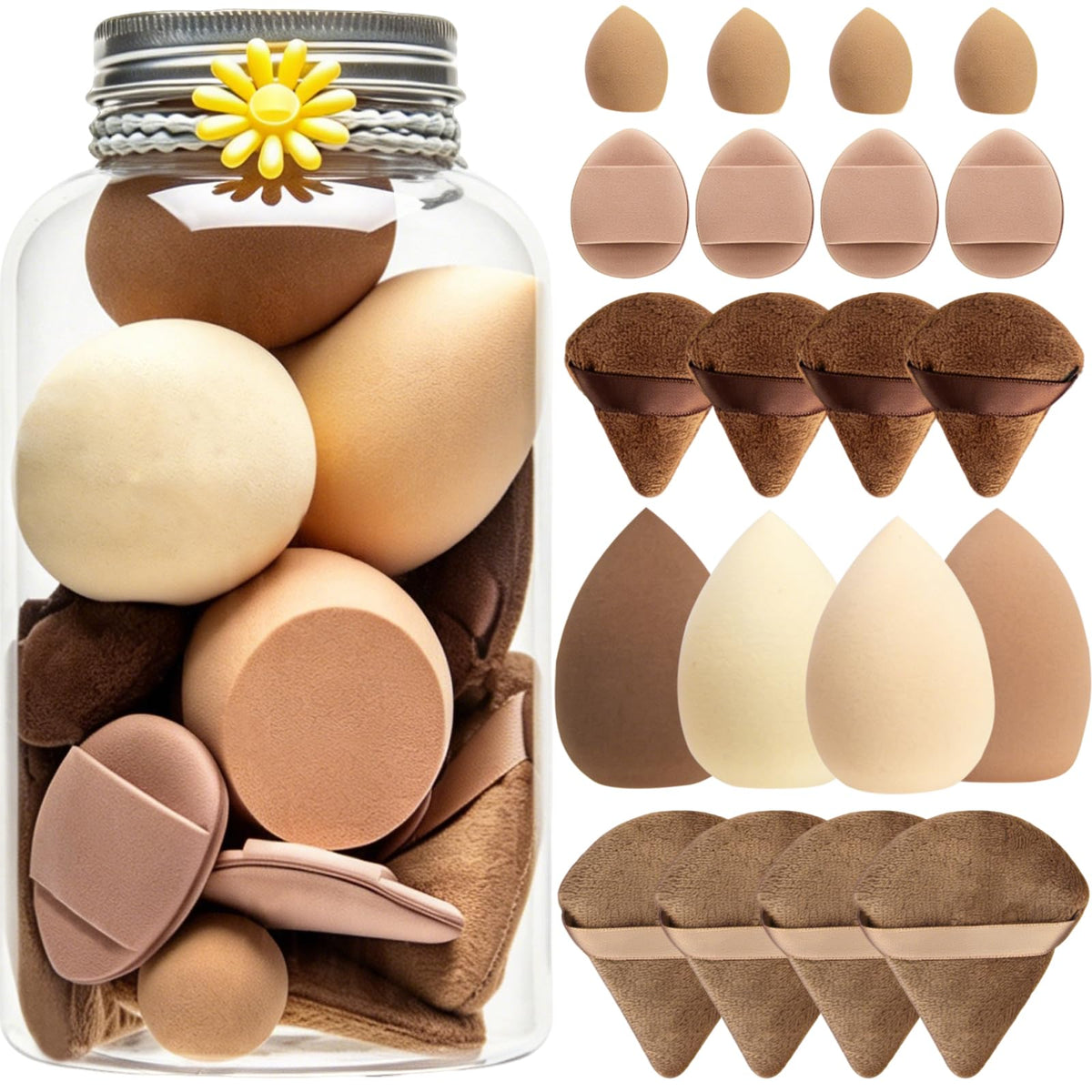 20PCS Makeup Sponge Set With Storage Jar, Wet & Dry Dual Use Beauty Blenders, Triangle Powder Puffs & Mini Finger Puffs,Soft Latex Free Sponges for Liquid, Cream, Powder And Concealer（Blue）
