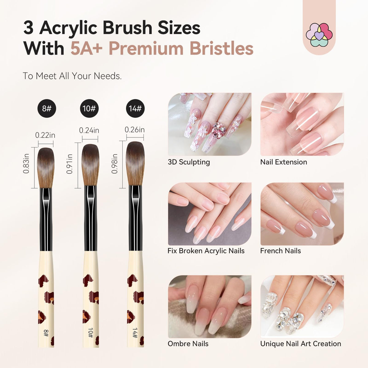 SAVILAND 3PCS Acrylic Nail Brush Set Size 8/10/14 Black & White