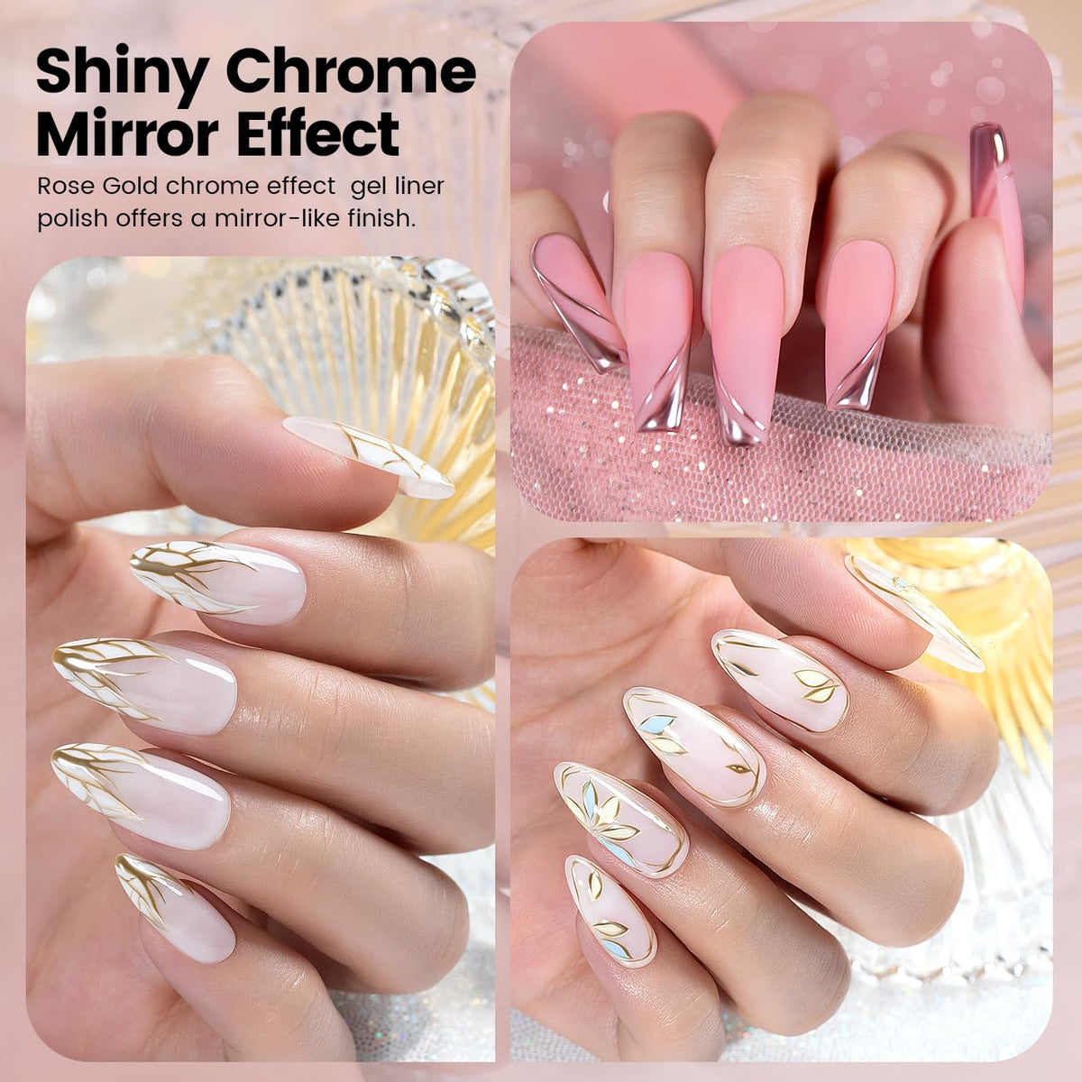 RARJSM Metallic Gel Liner Nail Art Silver Bronze Gold 2pcs Set Mirror Chrome 3D Effect Gel Nail Polish 8ml Build in Thin Brush Metal Painted Drawing Stripper Gelpolish Curing Requires for Home Salon
