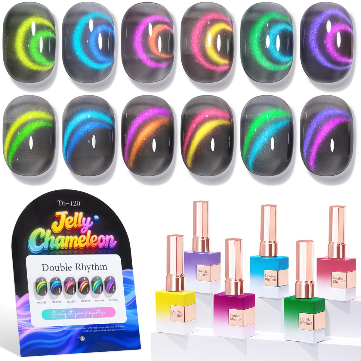 Double Rhythm Cat Eye Gel Nail Polish Set of 6 Same Color Same Bottle 0.5 Oz Shimmer Glitter with Magnet Holographic Magnetic UV Nail Polish Kit (Blush Fuchsia Magenta Purple Violet Lavender -T6-107)