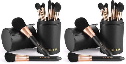 OMANIAC Makeup Brush Set Professional, 12 Pearlescent Wood Handle Makeup Brushes, Premium Cruelty-Free Synthetic Fiber Hair, Travel Make up Brushes Set with Case (Black).