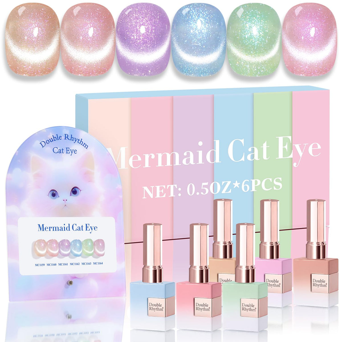 Double Rhythm Cat Eye Gel Nail Polish Set of 6 Same Color Same Bottle 0.5 Oz Shimmer Glitter with Magnet Holographic Magnetic UV Nail Polish Kit (Blush Fuchsia Magenta Purple Violet Lavender -T6-107)