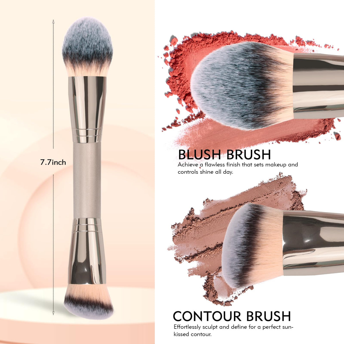 Dual-Ended Foundation Brush: Round & Angled makeup brushes, 100% Vegan Synthetic Makeup Brush for Flawless Blending and Application of Liquid, Powder, Cream, Blush