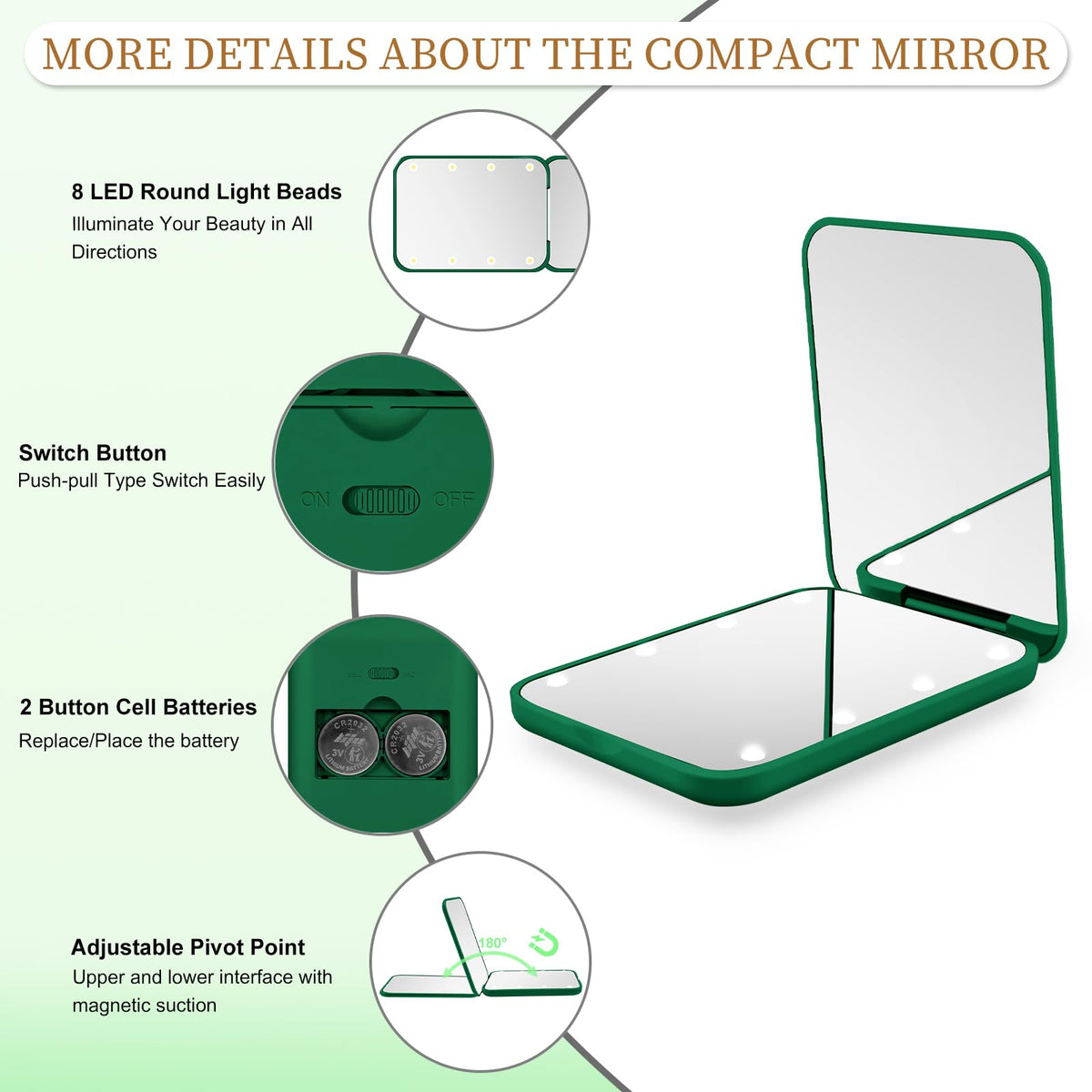 Compact Mirror with Light, 1X/3X Magnification LED Pocket Mirror for Women