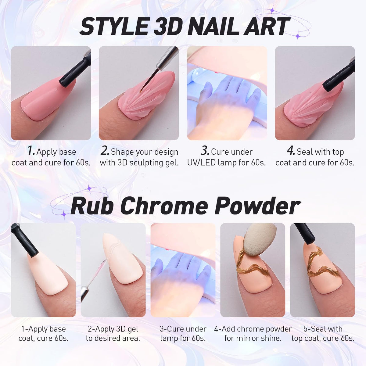 3D Sculpting Gel Kit – 2×20g Nail Art Gels with Dual Pens, Gold & Silver Chrome Powders, Brushes & Rhinestone Tray for DIY Nail Design at Home or Salon
