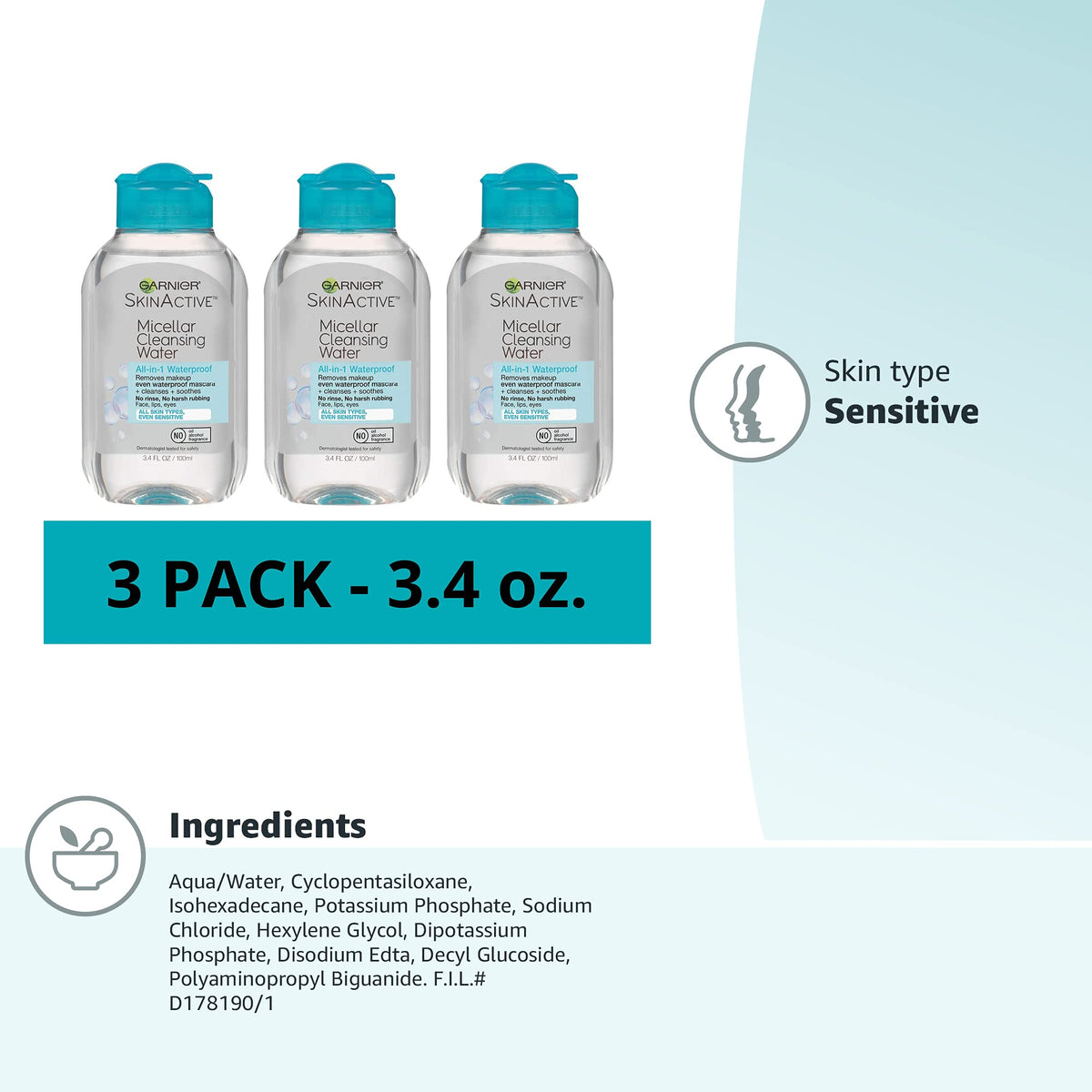 Garnier SkinActive Micellar Water For Waterproof Makeup, Facial Cleanser & Makeup Remover, 13.5 Fl Oz (400mL), 1 Count (Packaging May Vary)