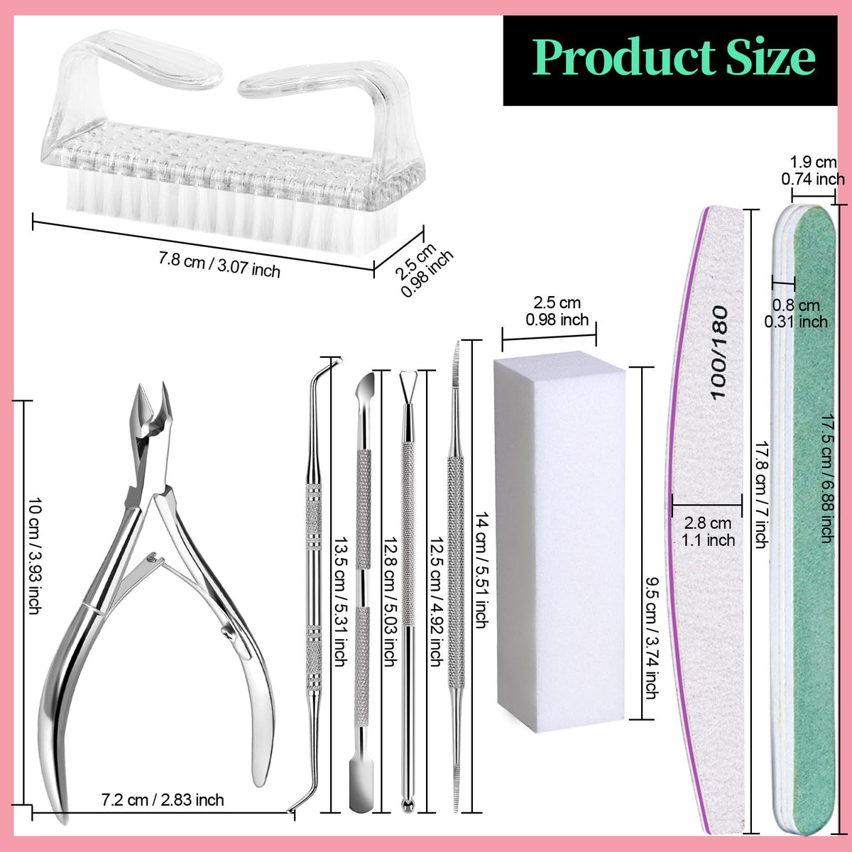 FANDAMEI Nail Care Kit, Nail Files 100/180, Nail Buffer Block, Cuticle Nippers, Cuticle Trimmer, Cuticle Pusher, Nail Tools, Nail Kit, Pedicure & Manicure Tools, Nail Prep Kit, Manicure Kit for Women