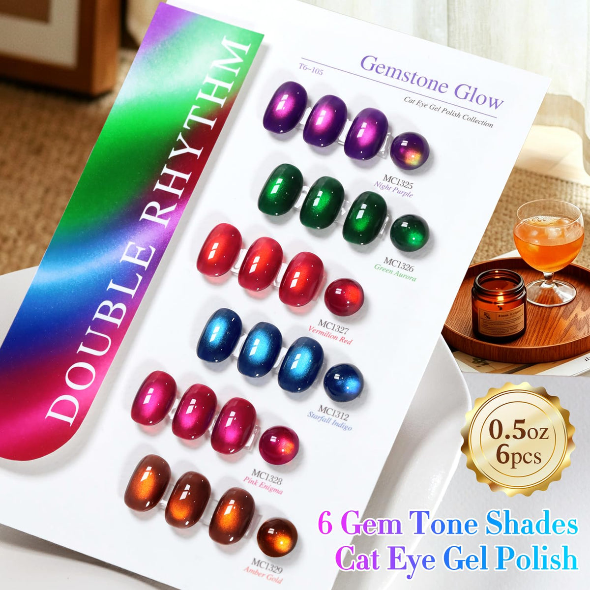 Double Rhythm Cat Eye Gel Nail Polish Set of 6 Same Color Same Bottle 0.5 Oz Shimmer Glitter with Magnet Holographic Magnetic UV Nail Polish Kit (Blush Fuchsia Magenta Purple Violet Lavender -T6-107)
