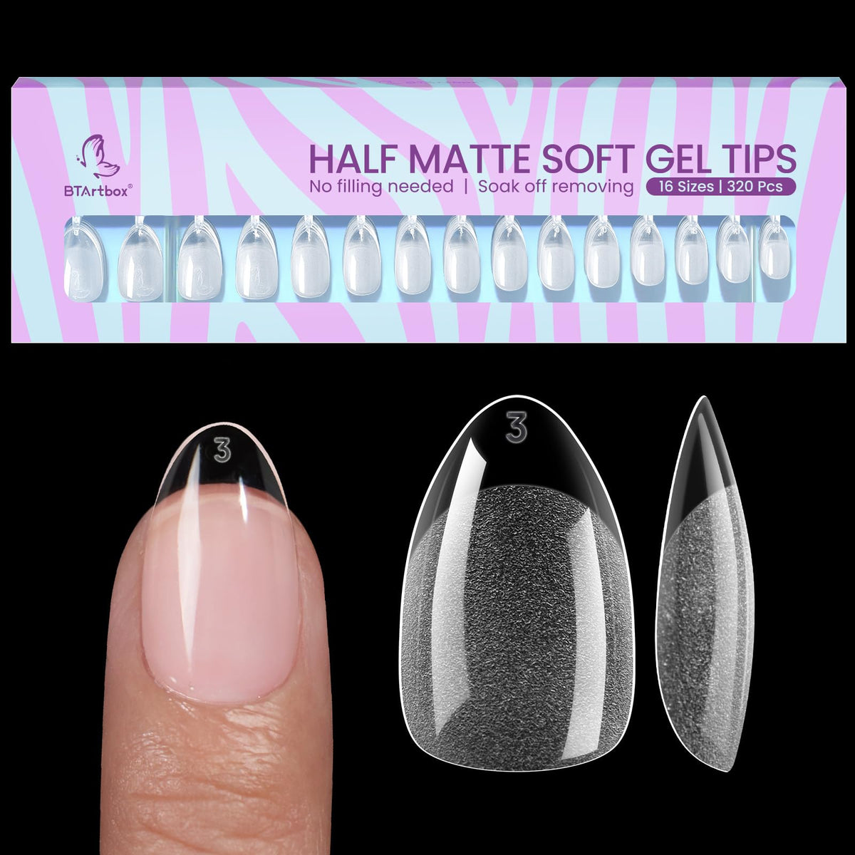 BTArtbox Half Cover Clear Fake Nails with Case, Long Square, 500 Pcs