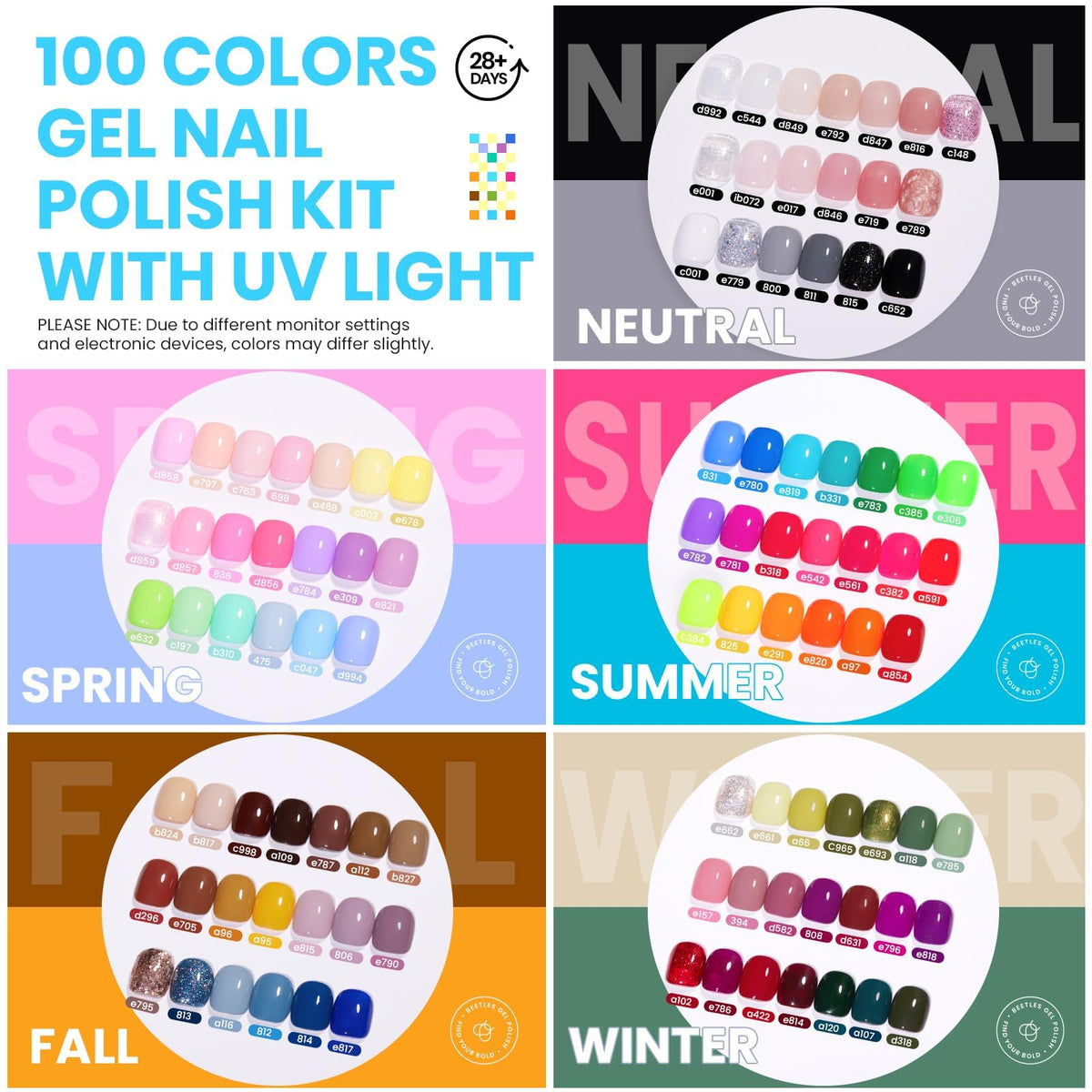 Beetles Gel Nail Polish Set, 63 PCS 55 Colors Gel Polish Kit with Base Coat