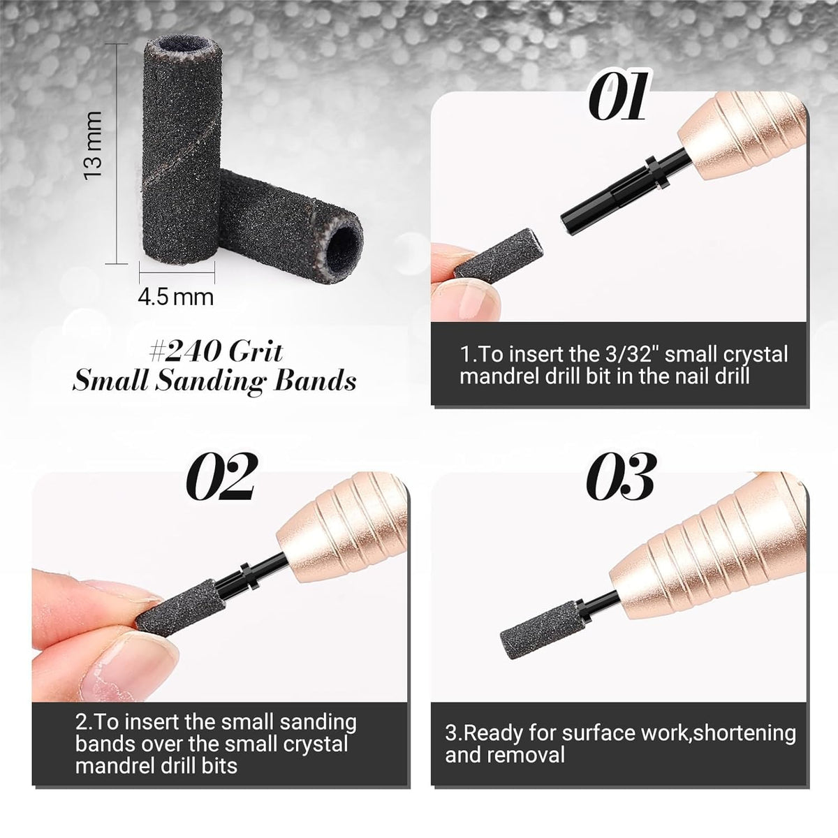 MelodySusie 120 Pcs Nail Drill Bits Small Sanding Bands for 3.1mm Mandrel Bit, 180 Fine Grit Nail File for Acrylic Nails Gel Manicures and Pedicure, Pink (Only Sanding Bands)