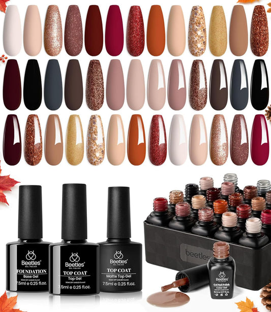 Beetles Fall Gel Nail Polish Set, 23Pcs Brown Burgundy Red Nude Pink