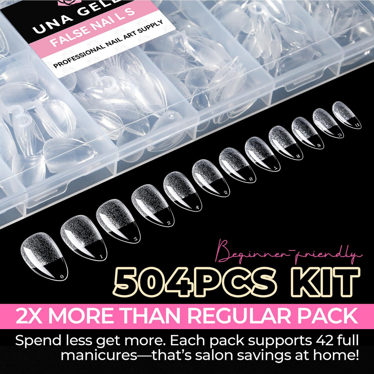 UNA GELLA Almond Gel Nail Tips 504PCS Pre-Etched Clear Fake Nails Tips