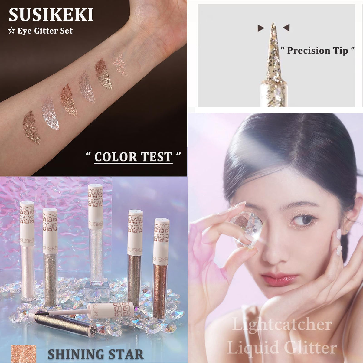 6Pcs Liquid Glitter Eyeshadow Eyeliner, Korean Makeup, Bling Under Eye Shadow, Shimmer Eye Make Up Valentine's Gift Set,Long Lasting,Quick Drying & Pigmented Loose Glitter Glue for Crystals Makeup