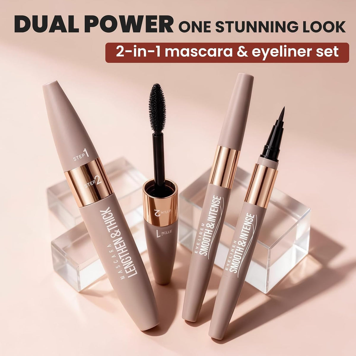 DUDUDU 2-in-1 Mascara and Eyeliner Set, Black Waterproof Volumizing and Lengthening Mascara, Ideal for Older Women 60 Plus & Sparse Lashes, 24HR Smudge-Proof Gentle Lash Extension Kit