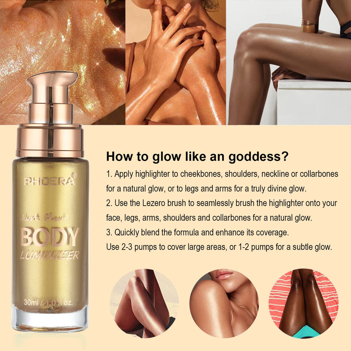 Body Shimmer Oil, Rose Gold Natural Glow Luminizer, Brush Include, 1oz