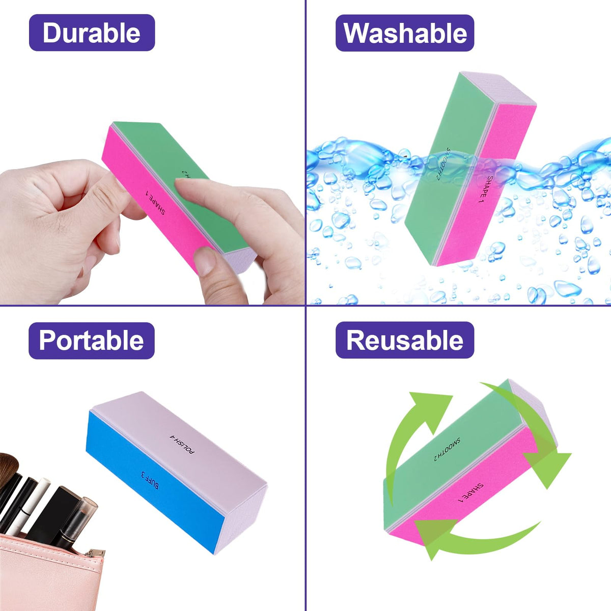 4 Way Nail Buffer Block (4 Pcs), Nail Shine Buffers Blocks Files for Natural and Acrylic Nails Smoother Buffing Block Polisher Fingernail File Buffer 120/240/600/3000 Grit for Buffing Shinning