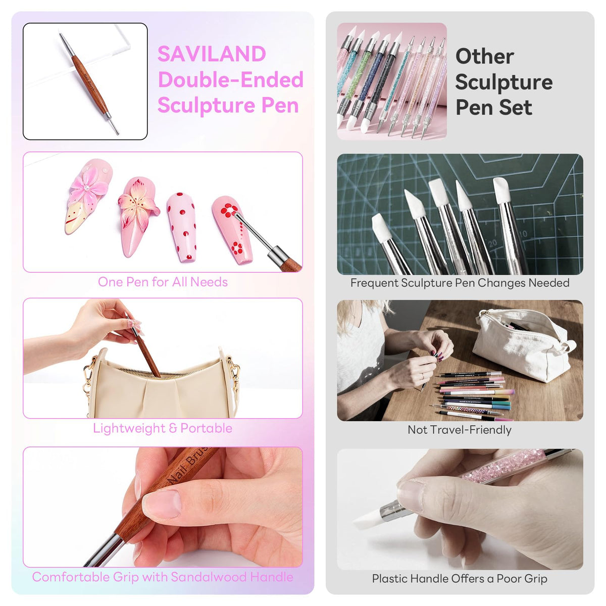 SAVILAND 3PCS Acrylic Nail Brush Set Size 8/10/14 Black & White