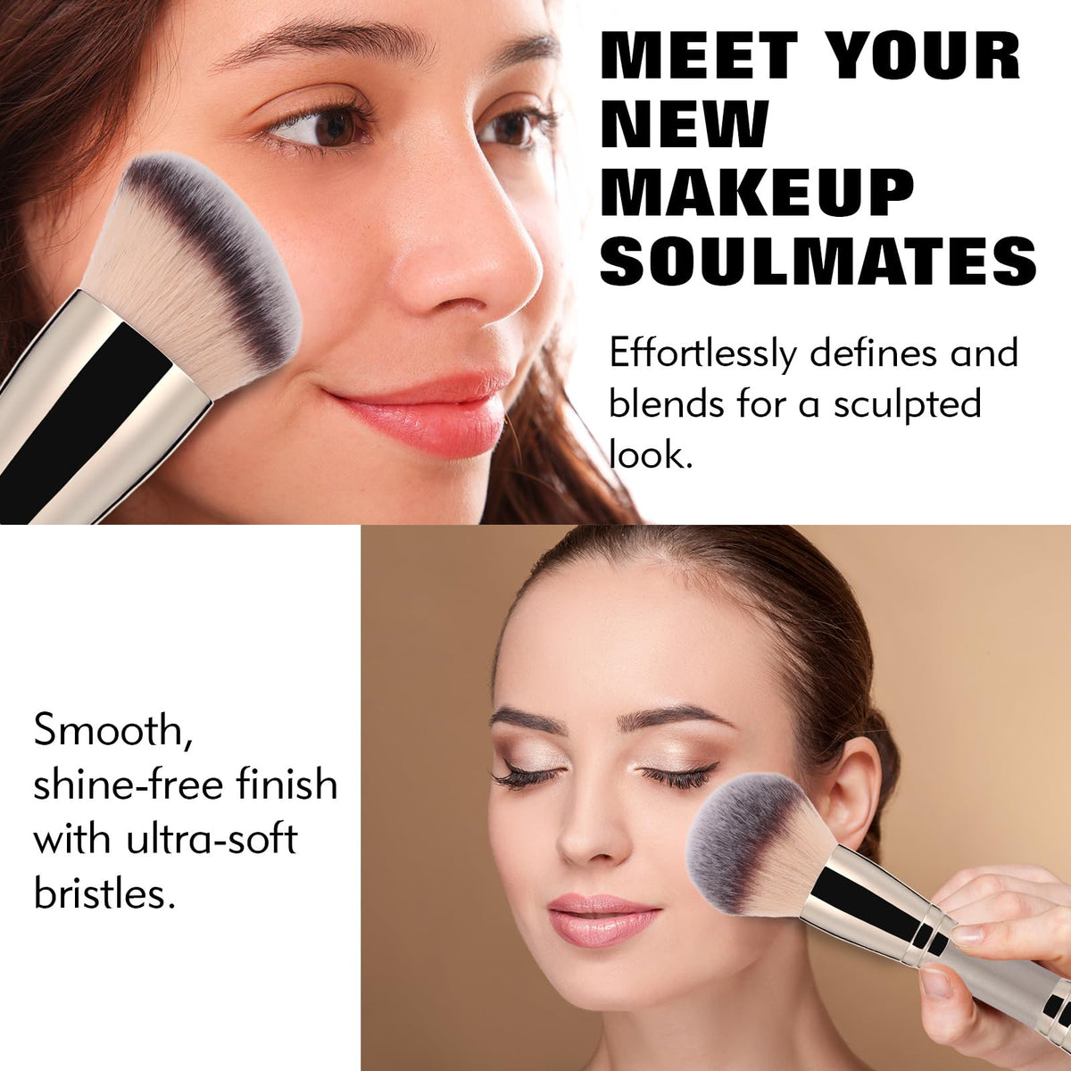 Dual-Ended Foundation Brush: Round & Angled makeup brushes, 100% Vegan Synthetic Makeup Brush for Flawless Blending and Application of Liquid, Powder, Cream, Blush