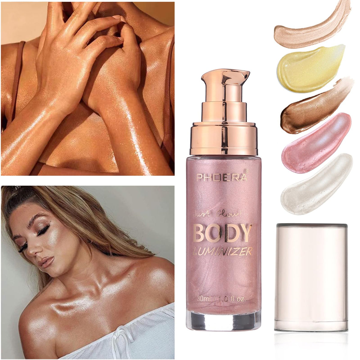 Body Shimmer Oil, Rose Gold Natural Glow Luminizer, Brush Include, 1oz