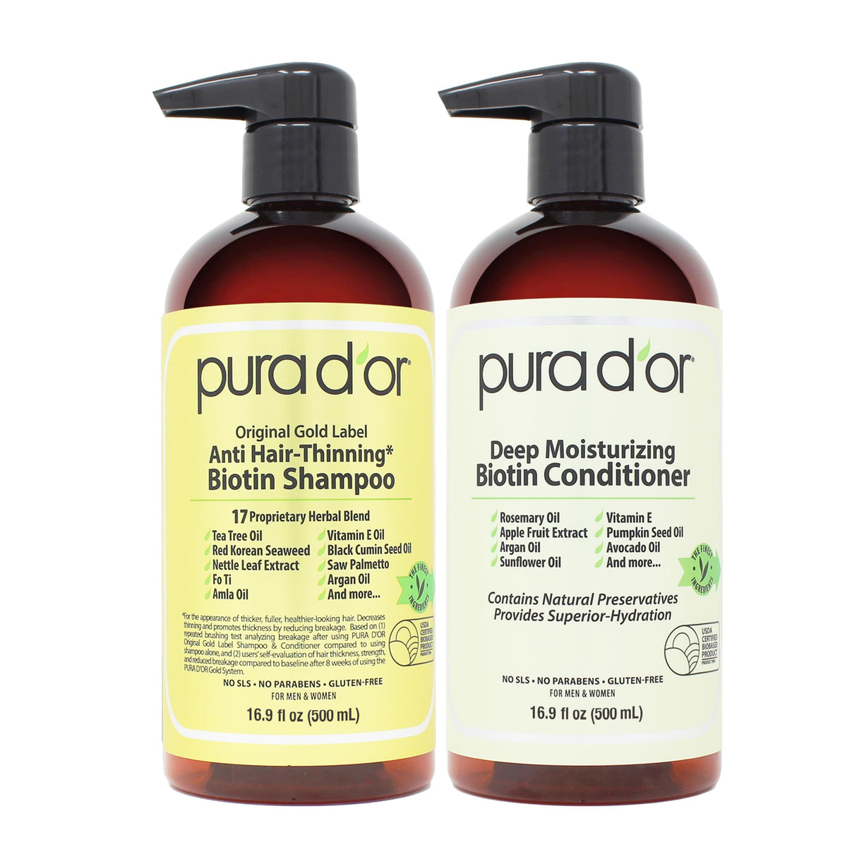 PURA D'OR Gold Label Anti-Thinning Biotin Shampoo & Conditioner, 16oz x2
