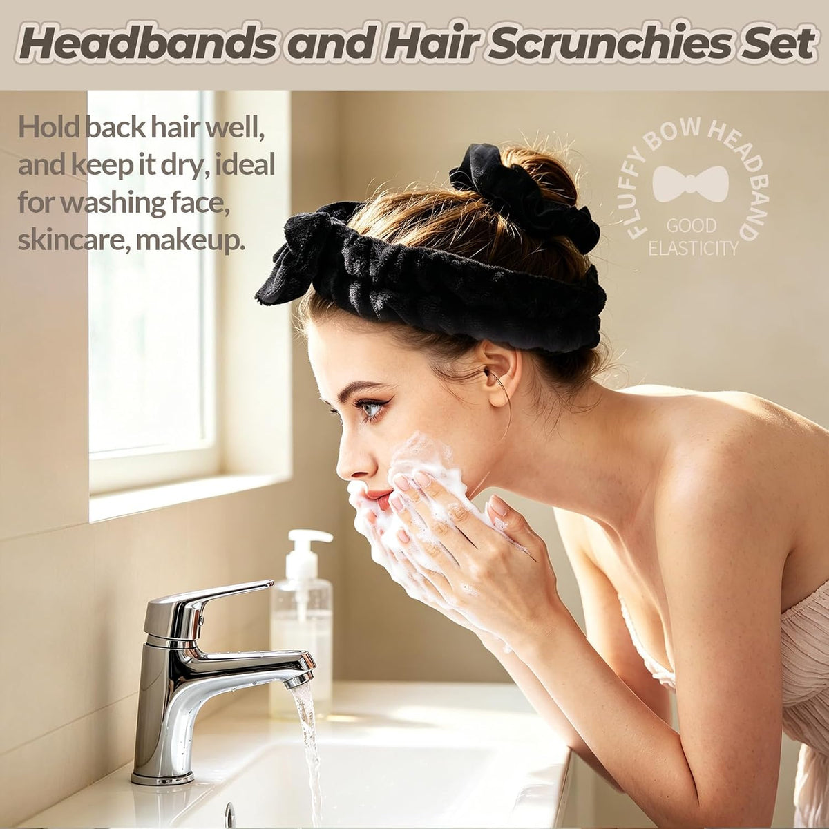LEOBRO Spa Headband, 6pcs Makeup Headbands and Hair Scrunchies, Bow Skin Care Headband for Washing Face for Teen Girls Women, Easter Basket Valentines Christmas Gift for Girls, Black & White & Gray