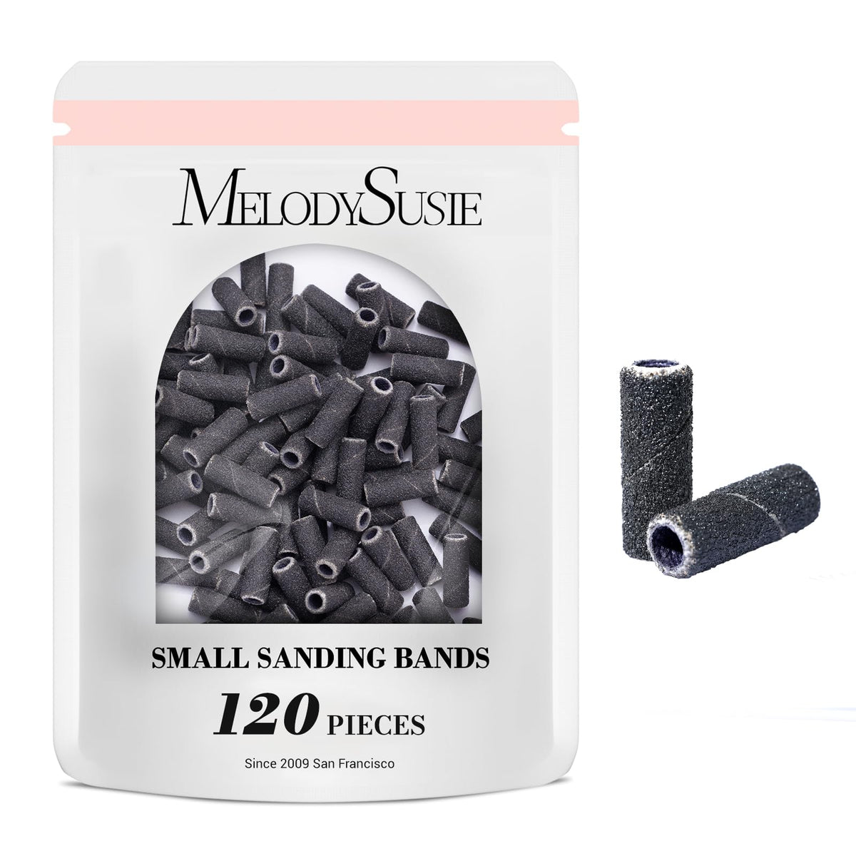 MelodySusie 120 Pcs Nail Drill Bits Small Sanding Bands for 3.1mm Mandrel Bit, 180 Fine Grit Nail File for Acrylic Nails Gel Manicures and Pedicure, Pink (Only Sanding Bands)
