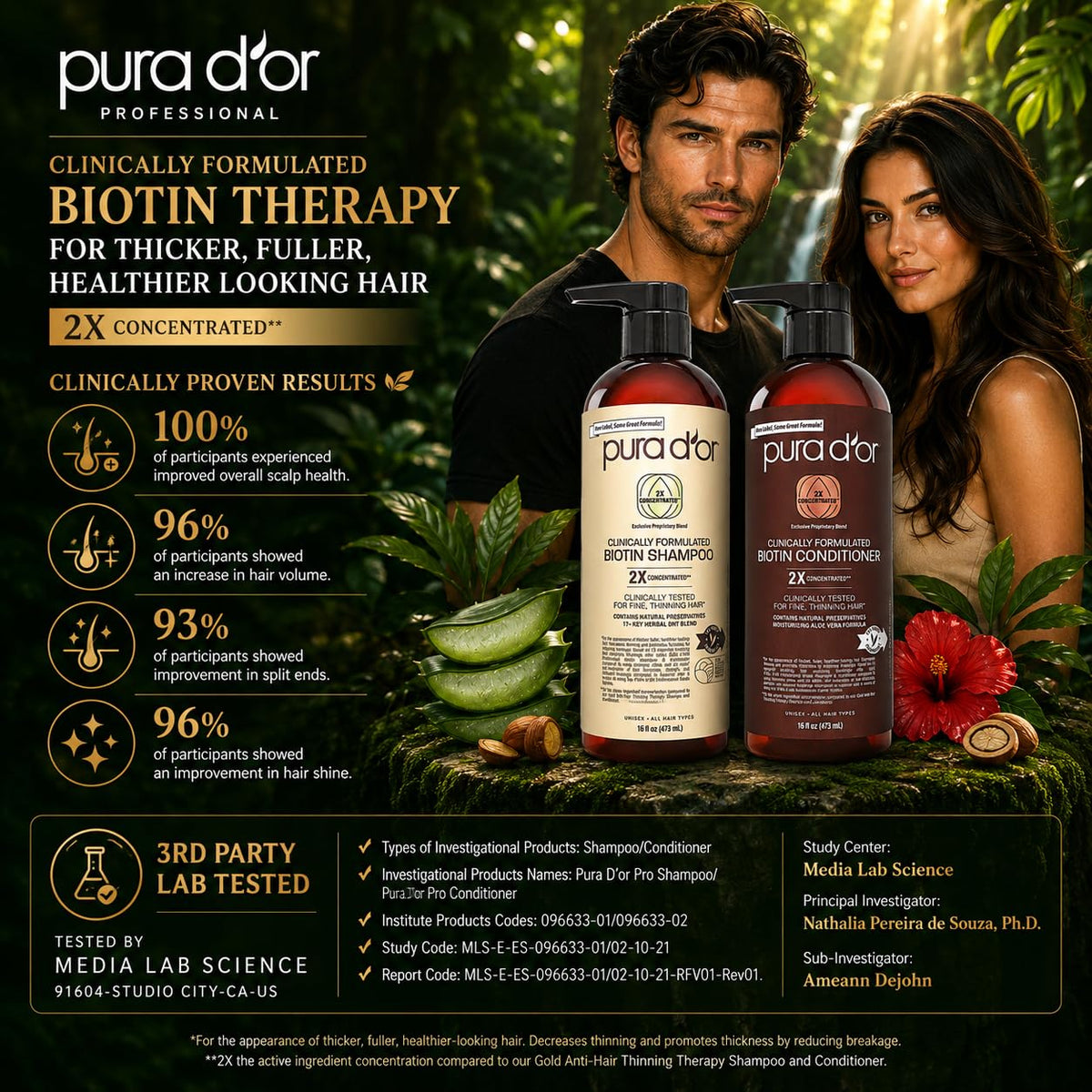 PURA D'OR Gold Label Anti-Thinning Biotin Shampoo & Conditioner, 16oz x2