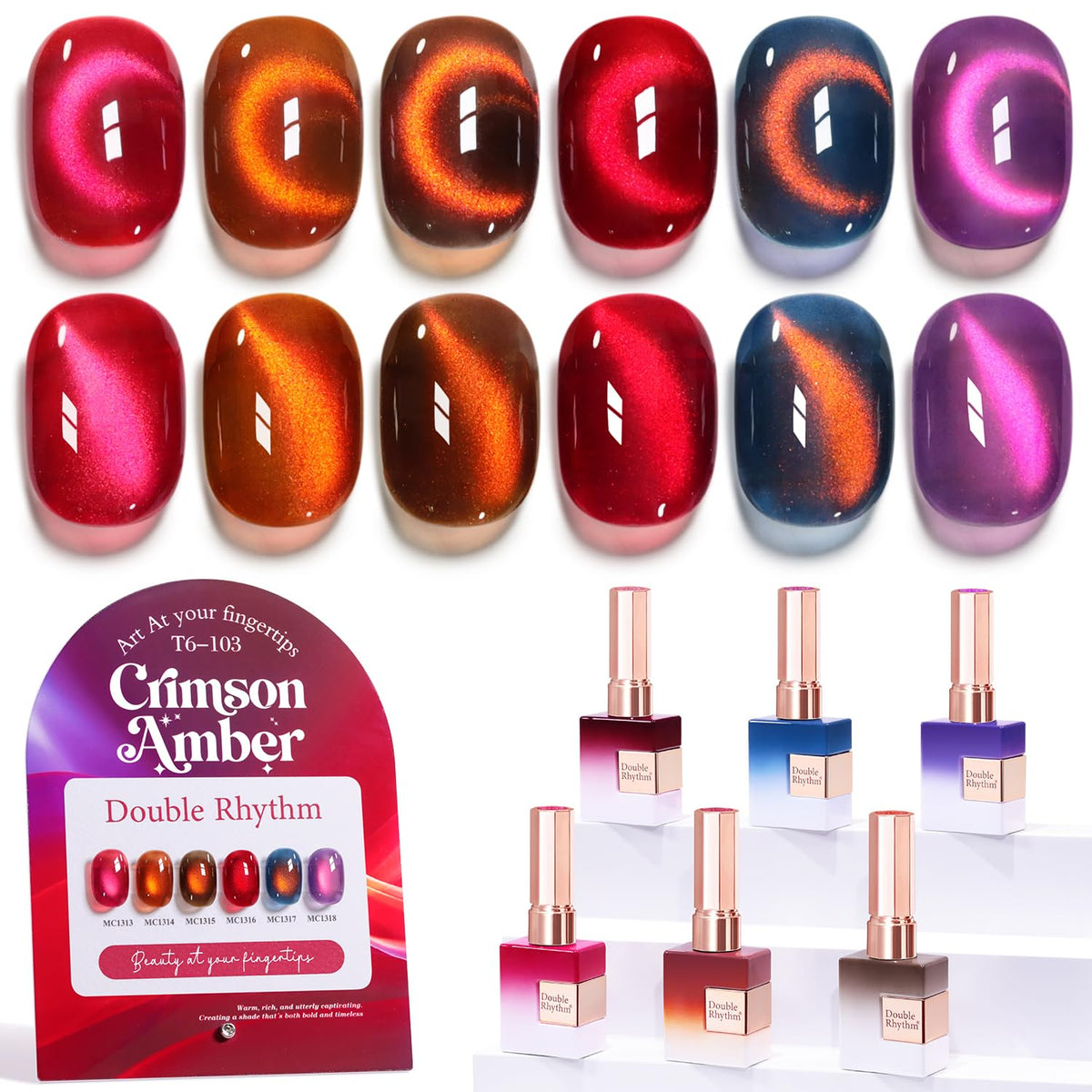 Double Rhythm Cat Eye Gel Nail Polish Set of 6 Same Color Same Bottle 0.5 Oz Shimmer Glitter with Magnet Holographic Magnetic UV Nail Polish Kit (Blush Fuchsia Magenta Purple Violet Lavender -T6-107)