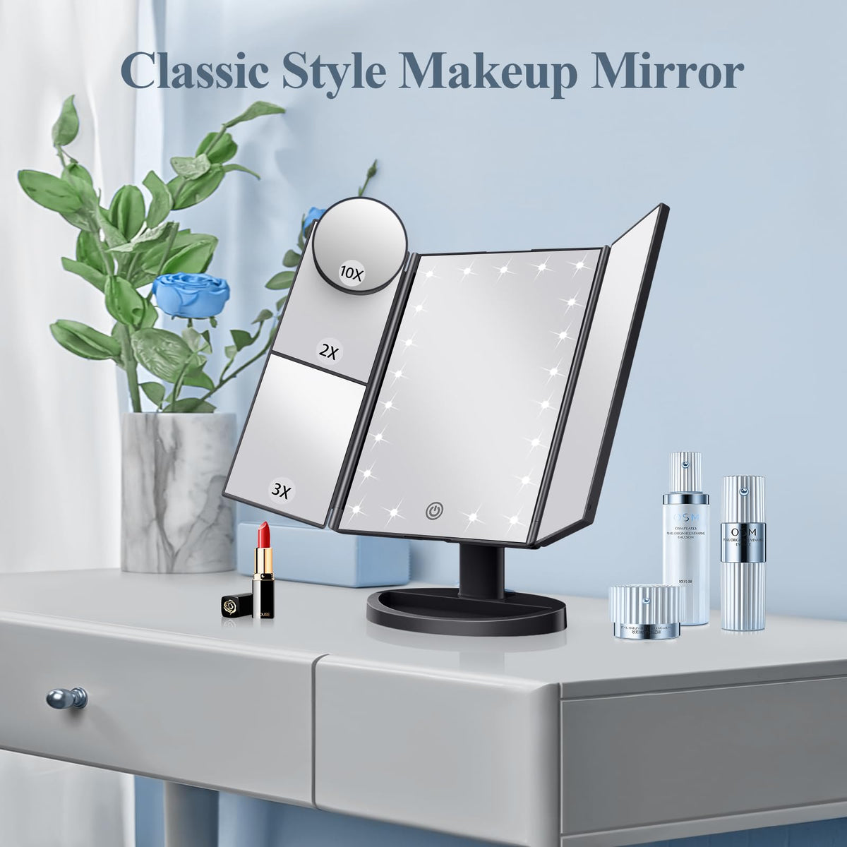 HUONUL 2X/3X/10X Magnifying Vanity Mirror with Light, Trifold Makeup Mirror