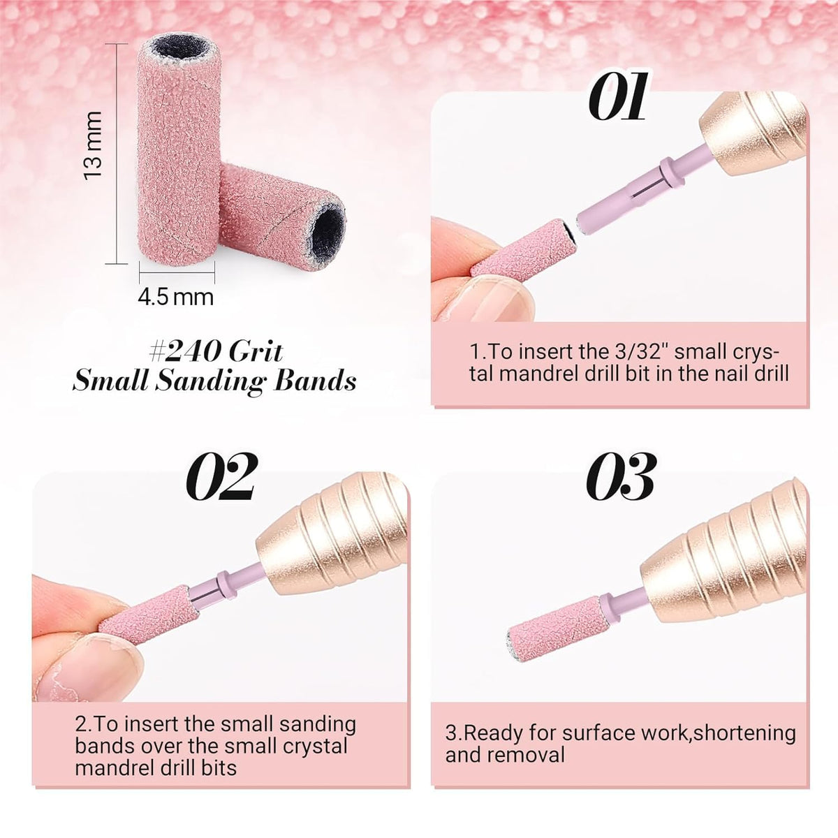 MelodySusie 120 Pcs Nail Drill Bits Small Sanding Bands for 3.1mm Mandrel Bit, 180 Fine Grit Nail File for Acrylic Nails Gel Manicures and Pedicure, Pink (Only Sanding Bands)