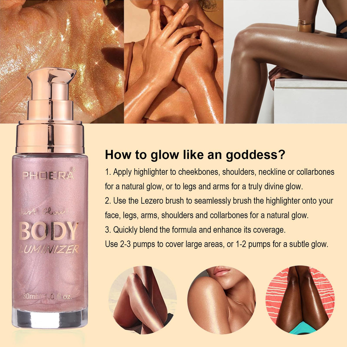 Body Shimmer Oil, Rose Gold Natural Glow Luminizer, Brush Include, 1oz