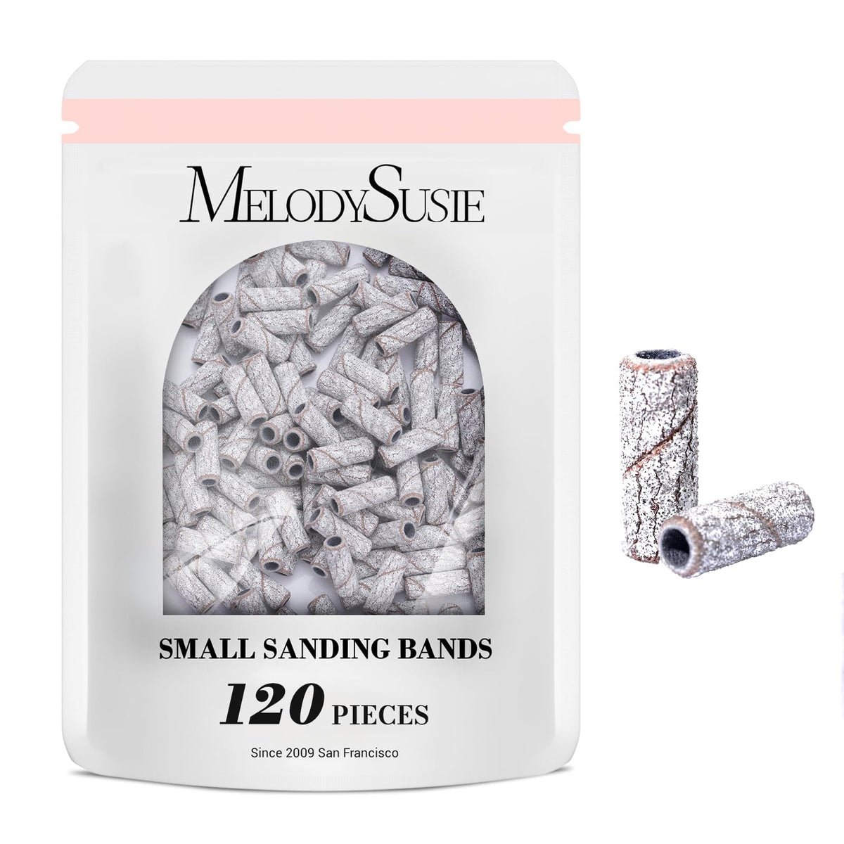 MelodySusie 120 Pcs Nail Drill Bits Small Sanding Bands for 3.1mm Mandrel Bit, 180 Fine Grit Nail File for Acrylic Nails Gel Manicures and Pedicure, Pink (Only Sanding Bands)