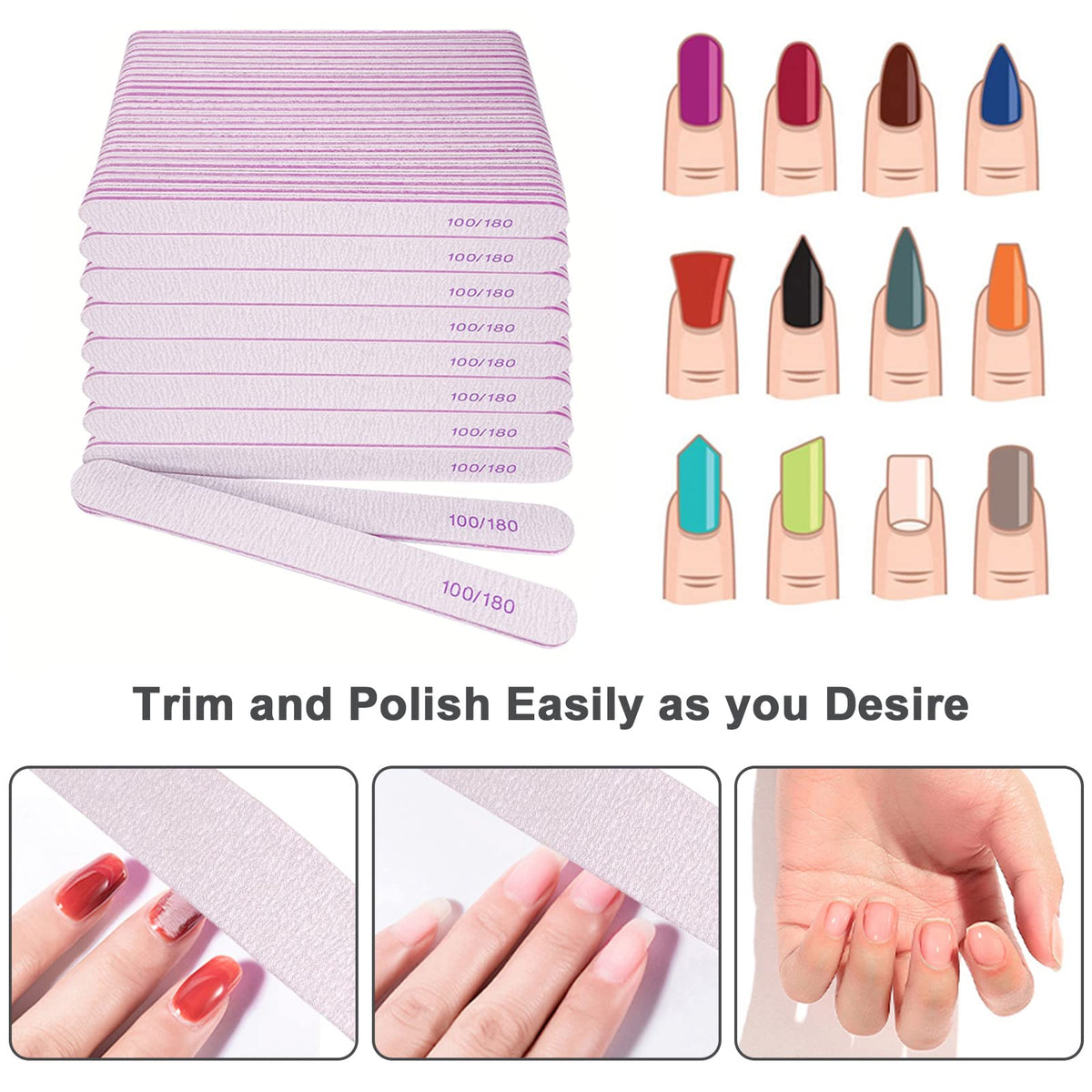 50 Pcs Nail File, Emery Board Nail Files for Acrylic Nails and Natural Nails, 100/180 Grit Double Sided Fingernail File Gel Nail Professional Reusable Washable Manicure Pedicure Kit Set Gray