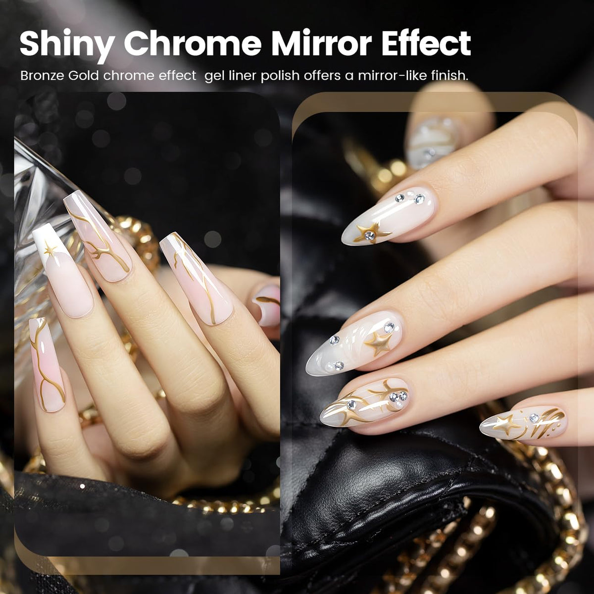 RARJSM Metallic Gel Liner Nail Art Silver Bronze Gold 2pcs Set Mirror Chrome 3D Effect Gel Nail Polish 8ml Build in Thin Brush Metal Painted Drawing Stripper Gelpolish Curing Requires for Home Salon