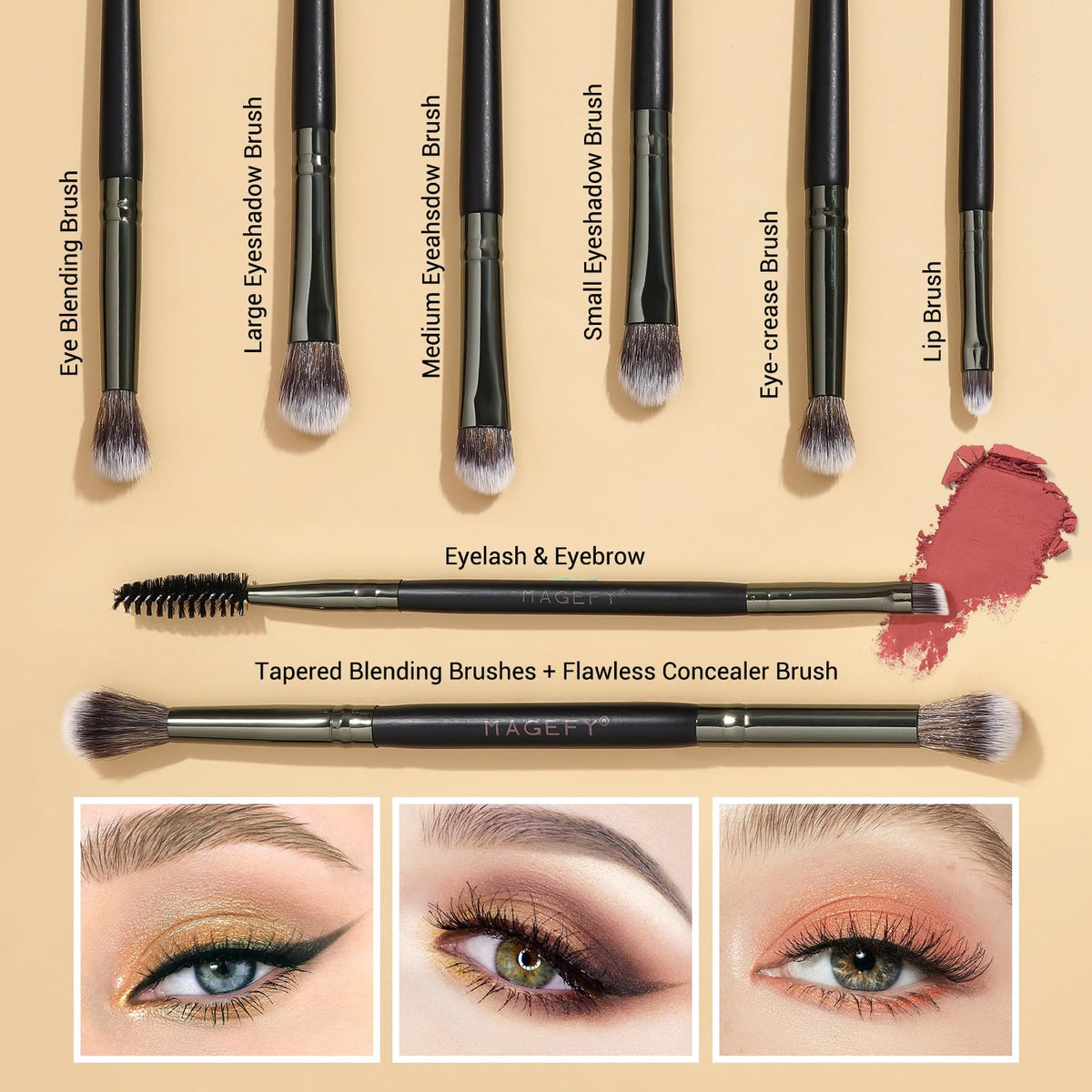 MAGEFY Makeup Brushes 12Pcs with Bag, Double-End Multi-functional for Foundation Powder Blush Eyeliner Eyeshadows brushes with Gift Box,Blackgold